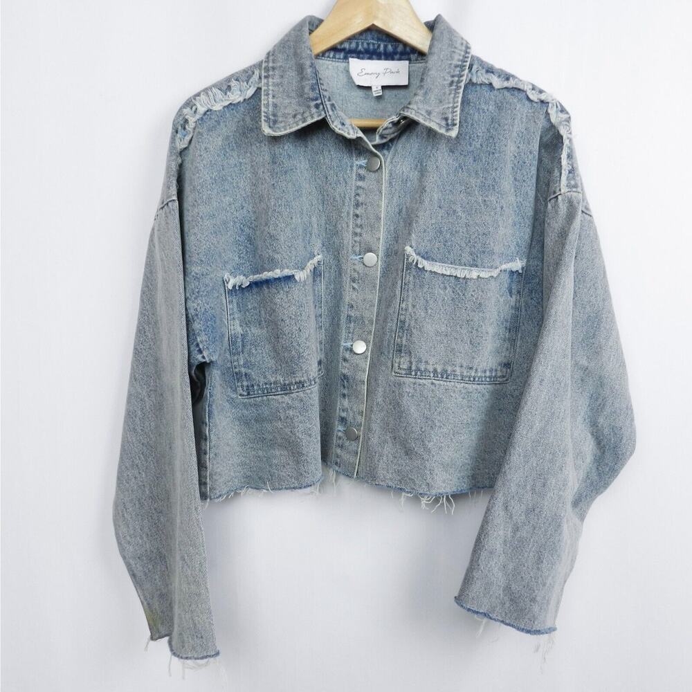 Emory Park Distressed Cutoff‎ Fringe Jean Jacket Size S Blue Faded Denim Western